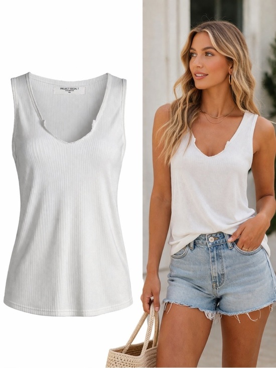 Project Social T Tops - PROJECT SOCIAL T | White Ribbed Tank Top | Scoop Neck | Soft Basic | Size Large